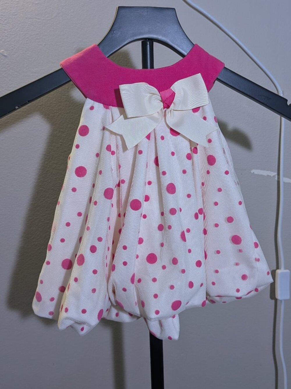 Rare Editions White & Pink Polka Dot Sleeveless Bubble Hem Dress w/ Bow